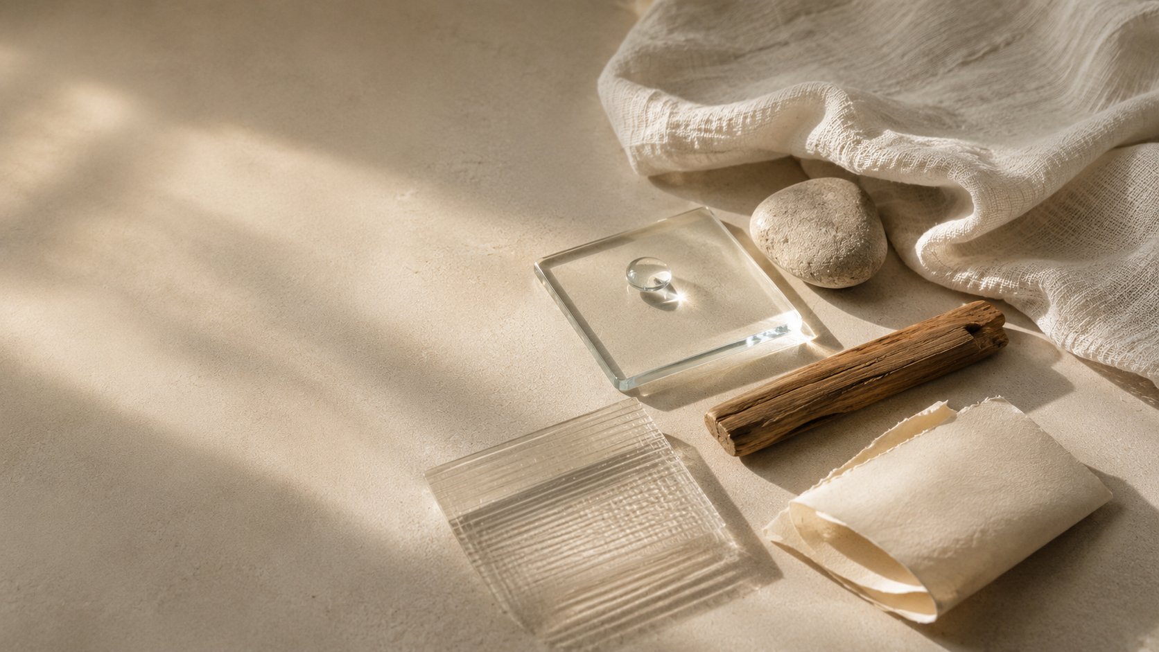 Editorial still life with glass, stone, wood and linen as coordinates of inner states