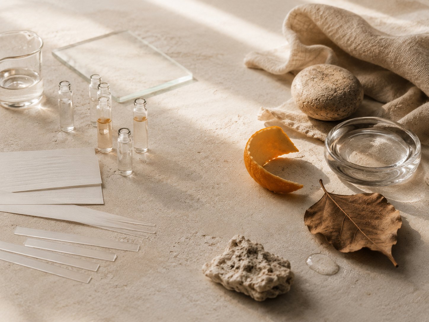 Technical perfume strips and vials alongside tactile objects — notes versus lived states