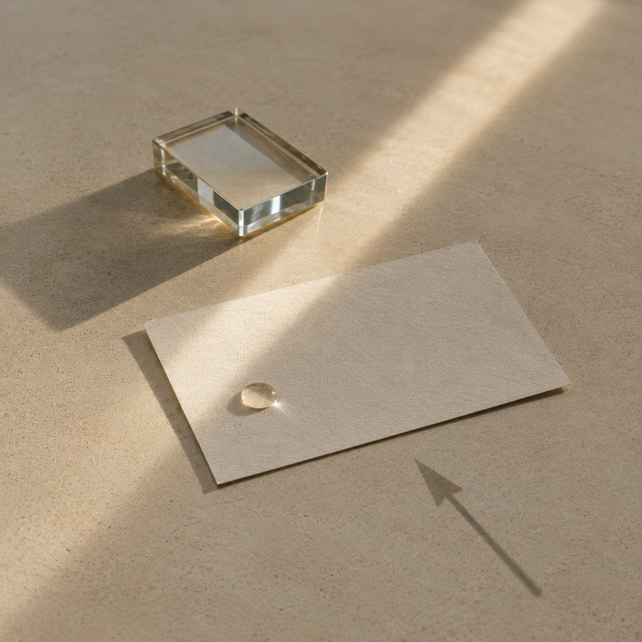 Blank card, glass object and a drop of liquid — giving a state a name, molecule and URL