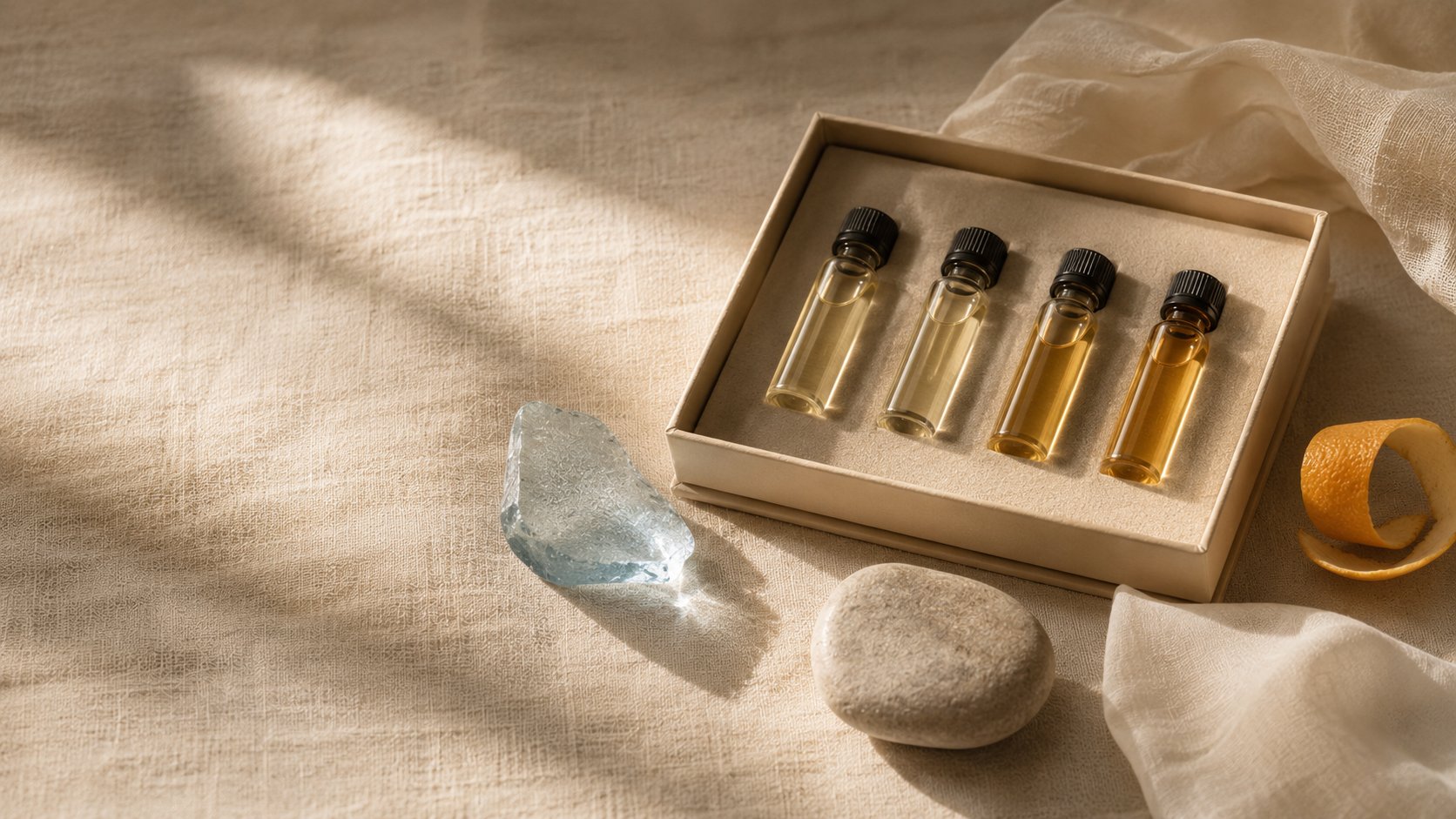 Open discovery set box with four perfume vials on linen with stone and citrus peel