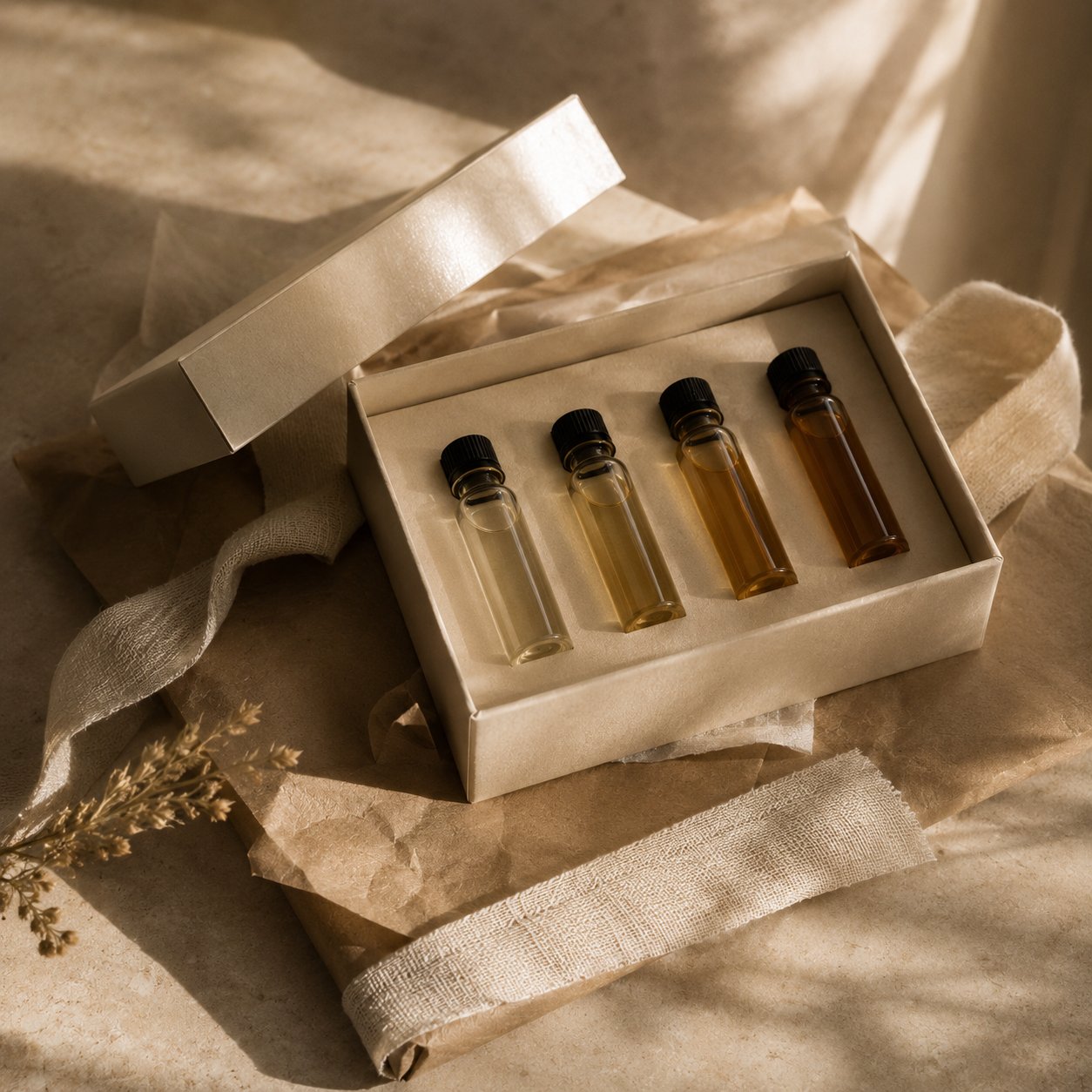 Elegant ivory gift box with four unlabelled perfume vials wrapped in linen
