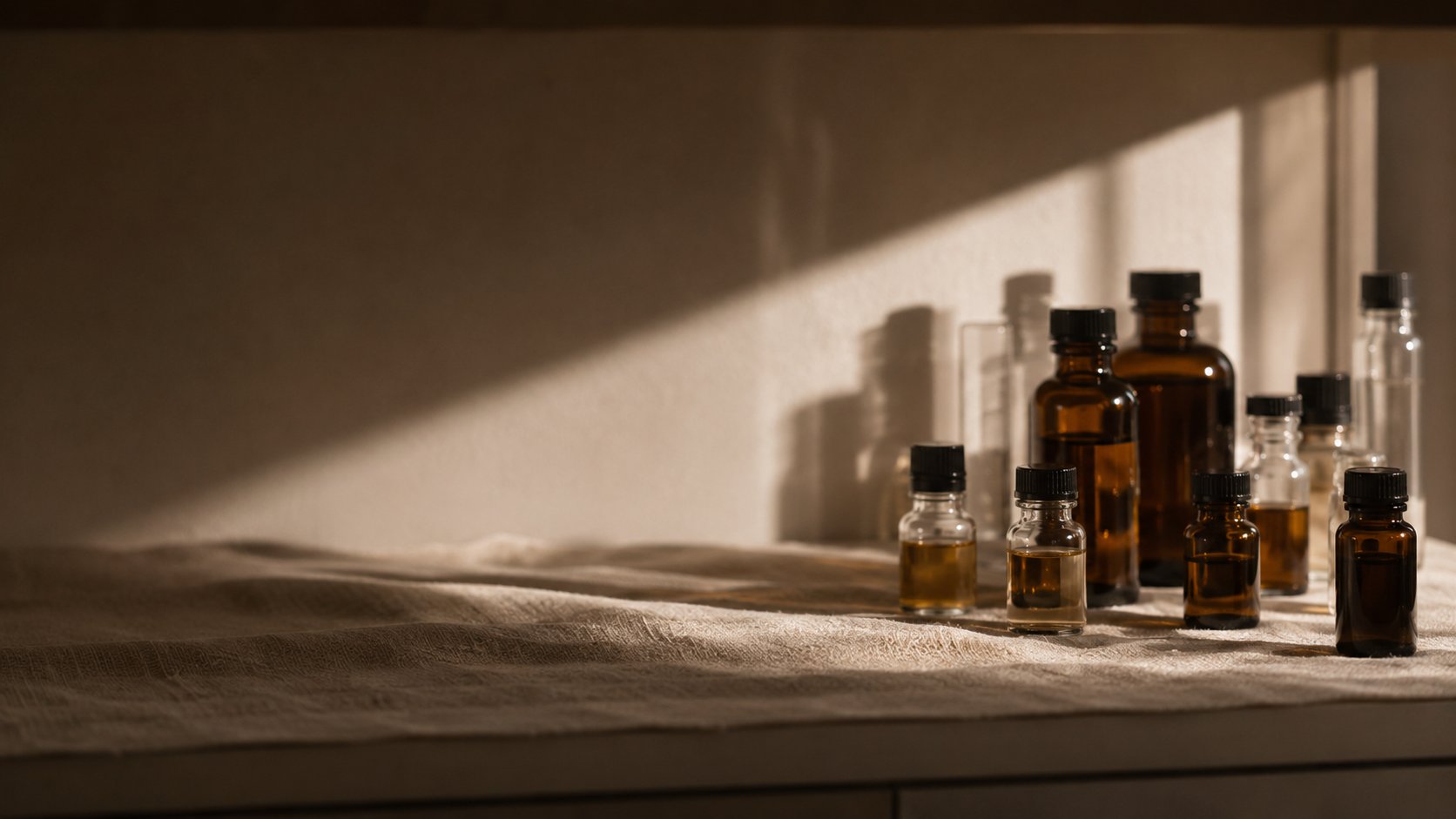 Amber and clear perfume bottles on a linen shelf waiting for maceration