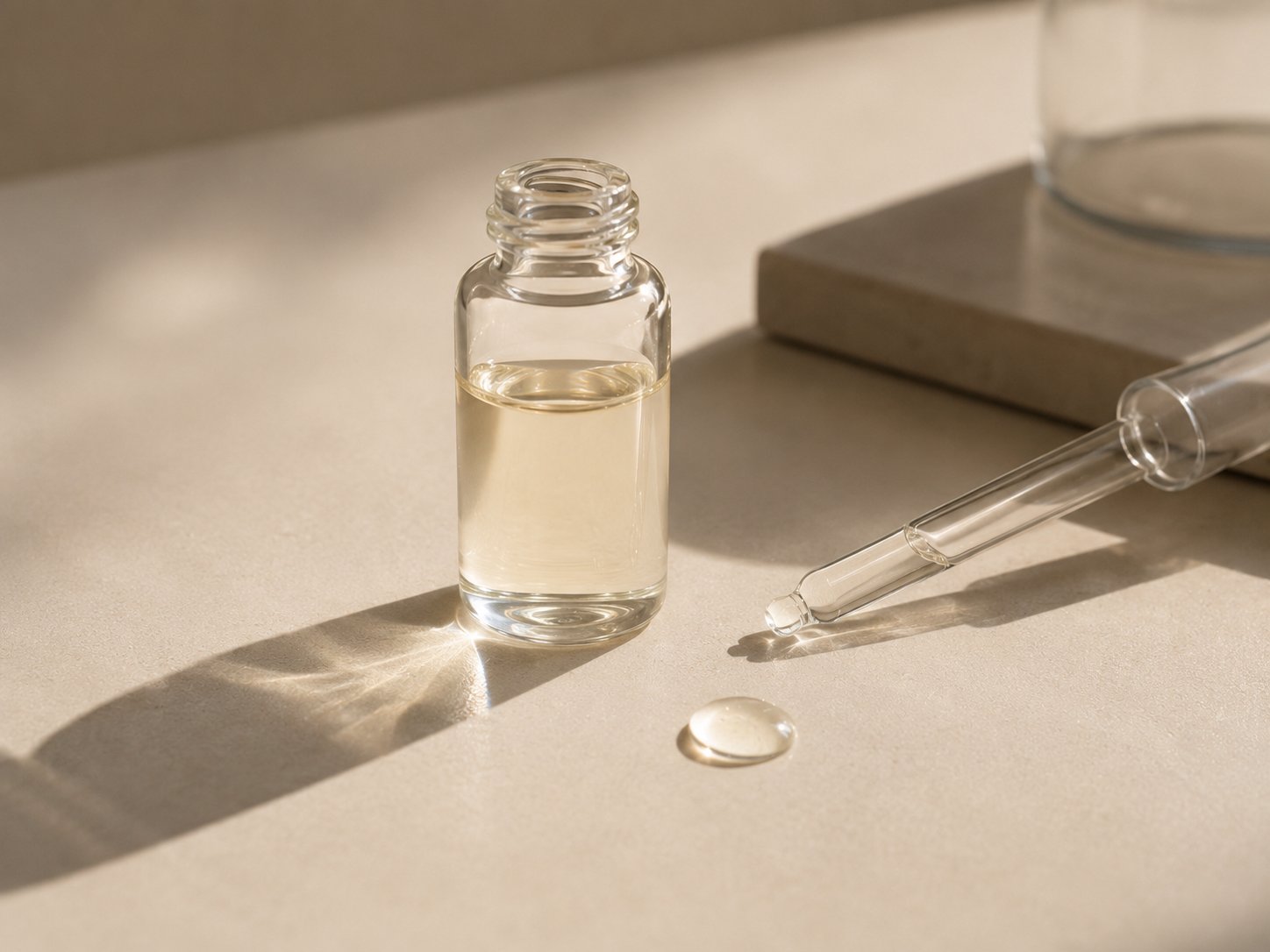 Clear glass vial with fresh perfume blend and pipette on ivory surface