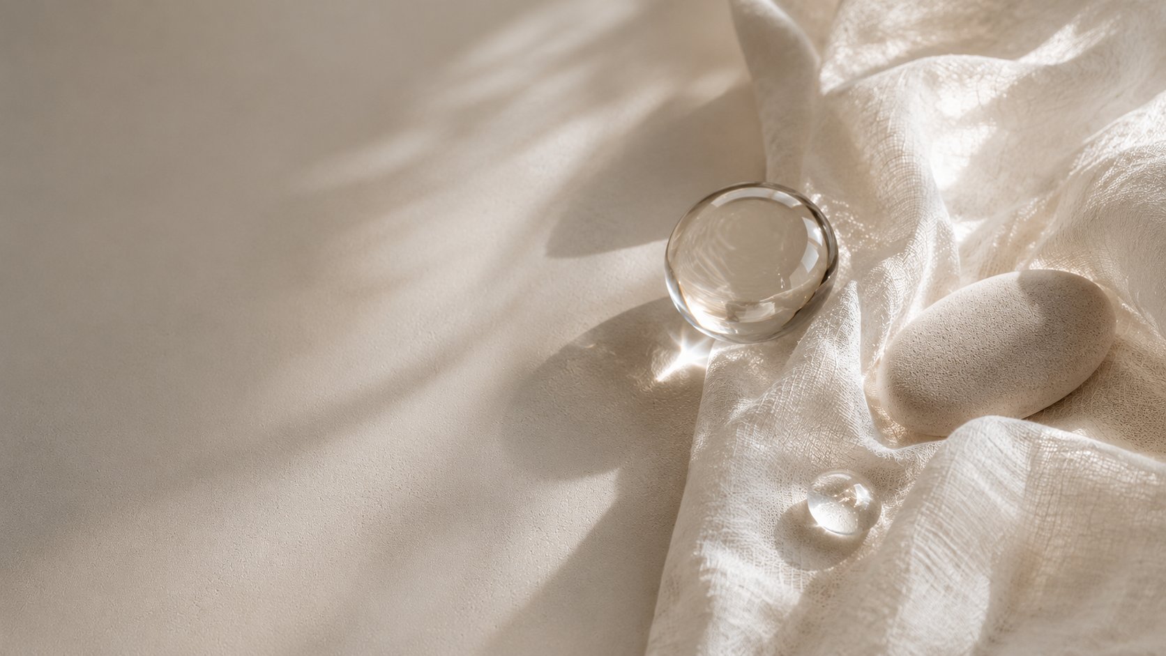 Editorial still life with linen and glass for skin scent article